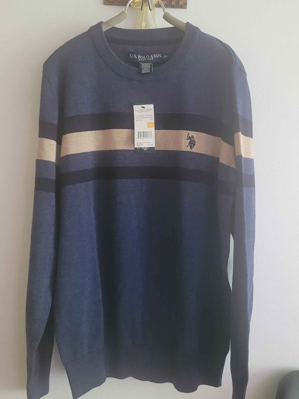 U.S. Polo Assn. Navy Crewneck Sweater with Cream & Black Stripes